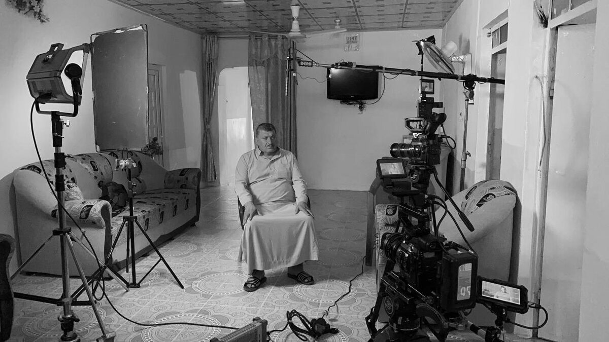Lit interview setup for a documentary subject