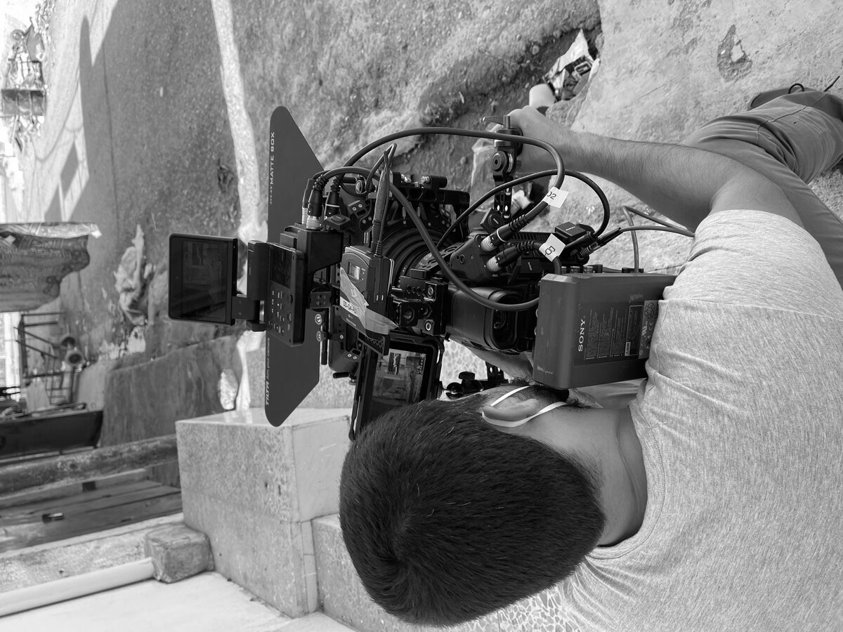 Close-up of a cinema camera rig in operation
